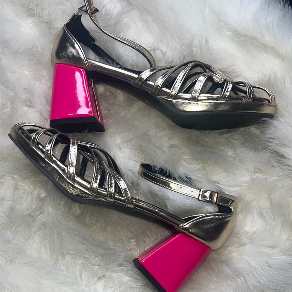 Simeela Golden Bronze Gold Silver CHROME Strappy Pink Thick Heel New N Box 41 11